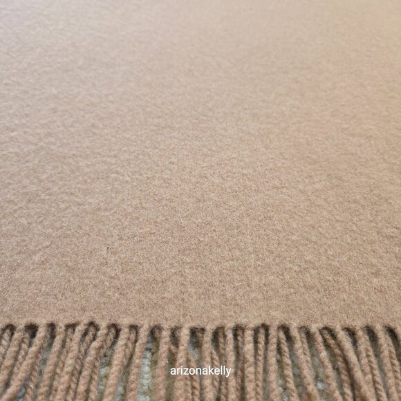 Classic Camel-colored Wool Scarf with Fringe Tan - Picture 9 of 14